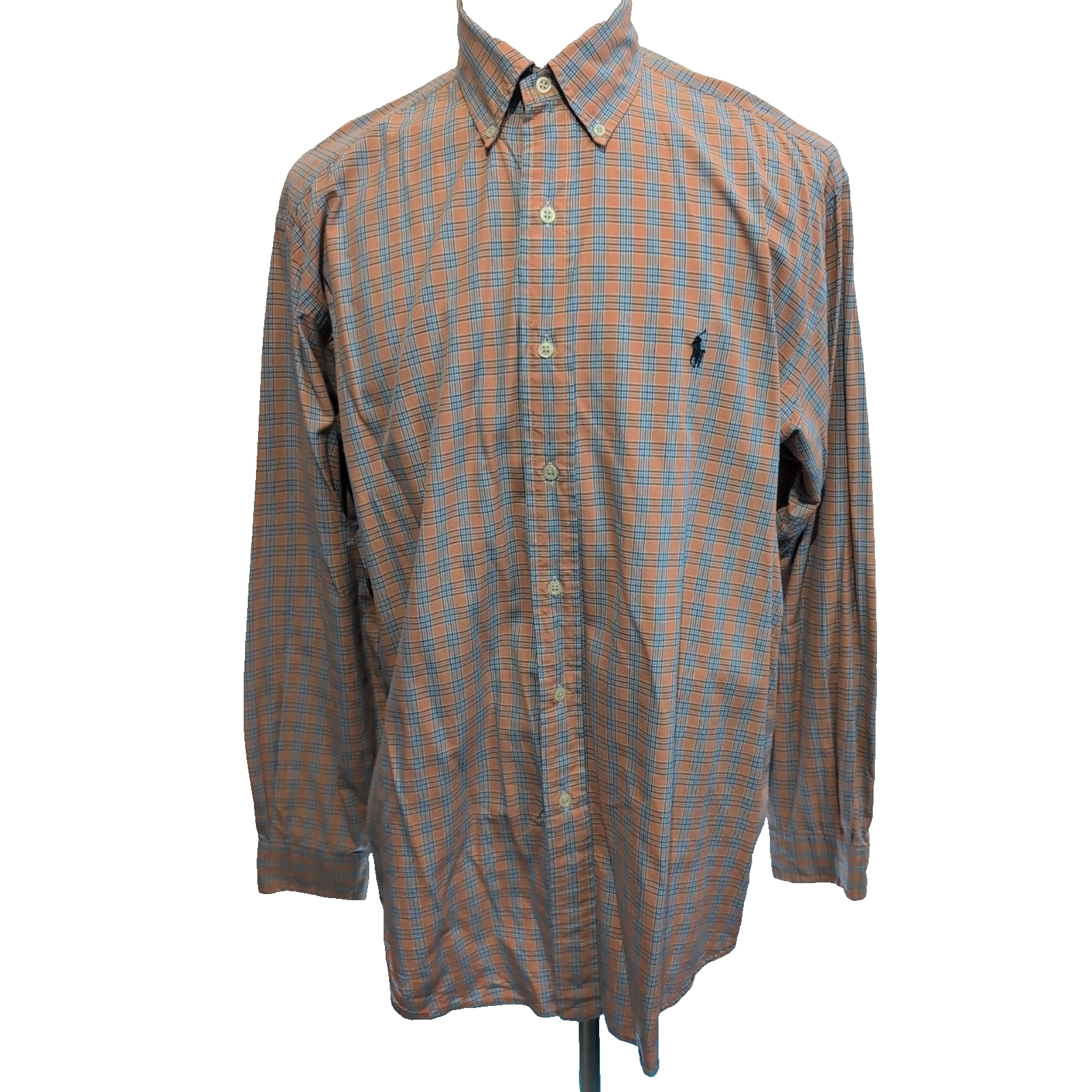 Chemise Ralph Lauren L Orange Carreaux Logo Bleu Manches Longues