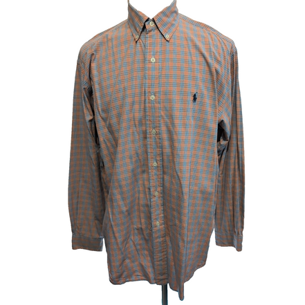 Chemise Ralph Lauren L Orange Carreaux Logo Bleu Manches Longues