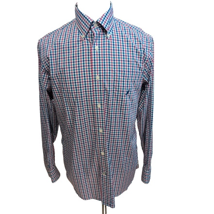 Chemise Nautica Classic Fit M carreaux rouge bleu logo bleu coton manches longue