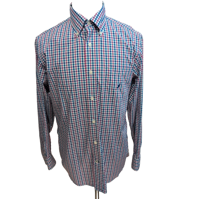 Chemise Nautica Classic Fit M carreaux rouge bleu logo bleu coton manches longue