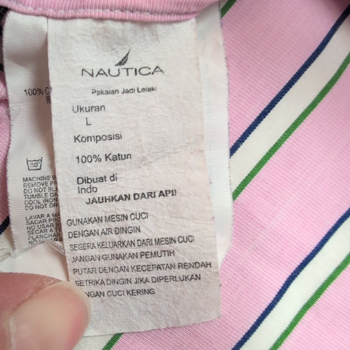 Nautica chemise 80s two ply coton rose pâle rayures vertes XL