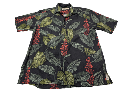 Chemise hawaïenne soie noire Tommy Bahama feuilles manches courtes taille S