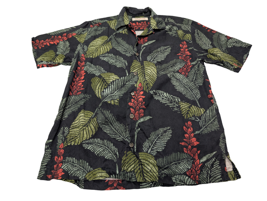 Chemise hawaïenne soie noire Tommy Bahama feuilles manches courtes taille S