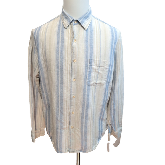 Chemise Tasso Elba Island L XL Lin Coton Beige Bleu Rayures Poche manches longue
