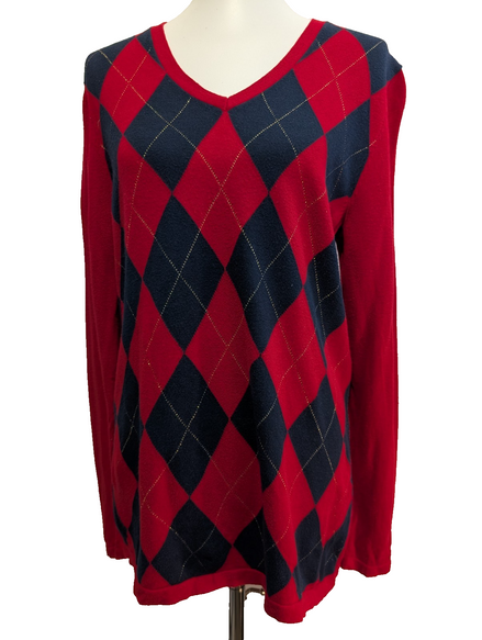 Pull Femme Tommy Hilfiger Col V Losanges Rouge - Détails Dorés  Taille L