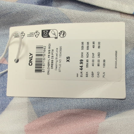 Robe Only XS Longue Bleue Motif Abstrait Ceinture Neuve Étiquette
