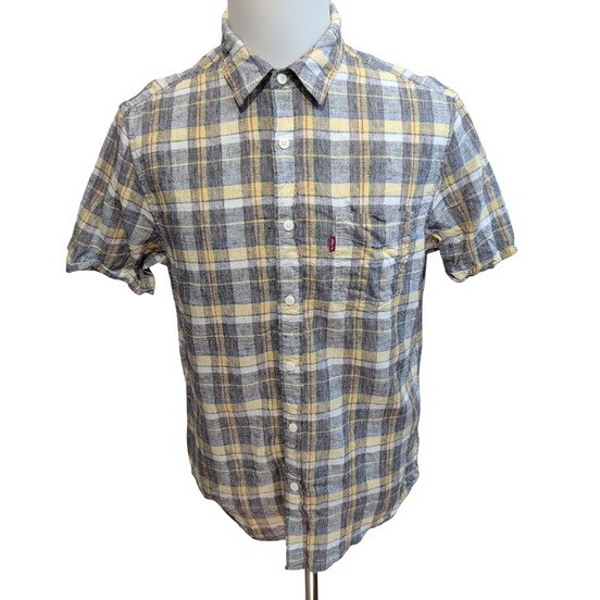 Chemise Levi's M Carreaux Jaune Gris Lin Coton Manches Courtes