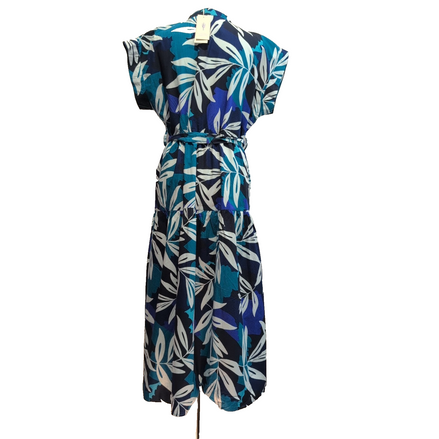 Robe Longue LUK AP T.XL Bleu Feuillage 100% Coton Ceinture Neuve Été Bohème