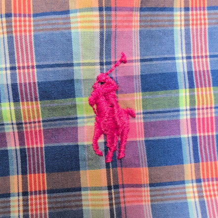 Chemise Ralph Lauren M Rose Bleu Carreaux Shirt Button Down Logo Fluo Coton