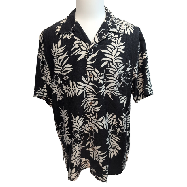 Chemise hawaïenne Island Republic taille L noir fleurs feuillage Manches courtes