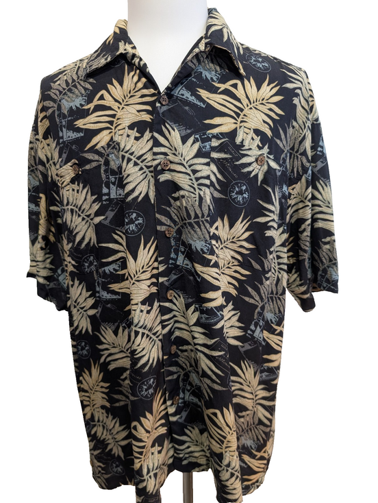 Chemise Hawaïenne VISITOR 100% Soie Noire Motif Feuillage - Taille XL
