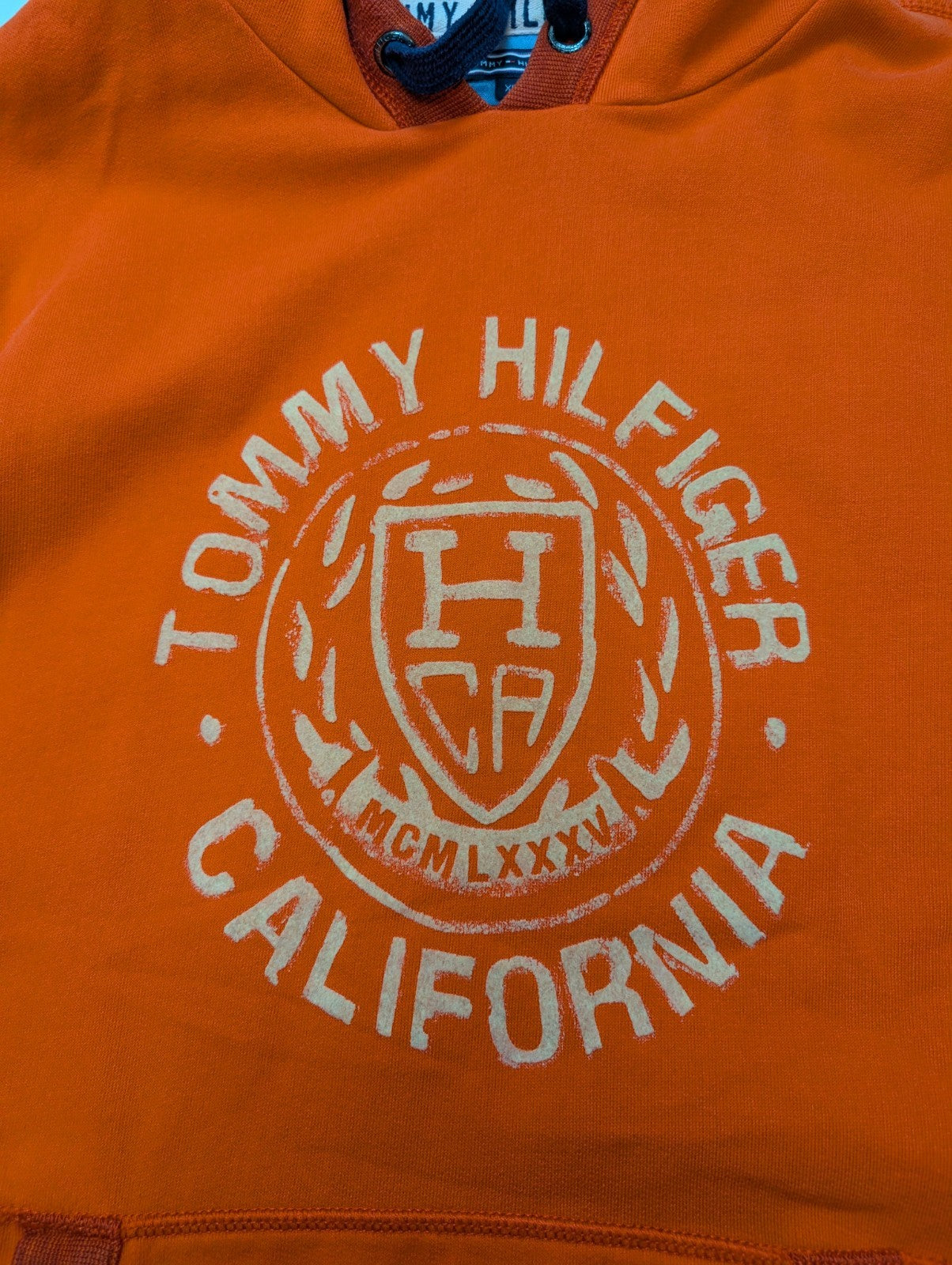 Sweat à Capuche TOMMY HILFIGER Homme XL Orange Vintage Fit Logo Brodé Rare