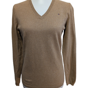 Pull Fin Tommy Hilfiger Heritage Femme Col V Marron Clair Taille M Coton Pima