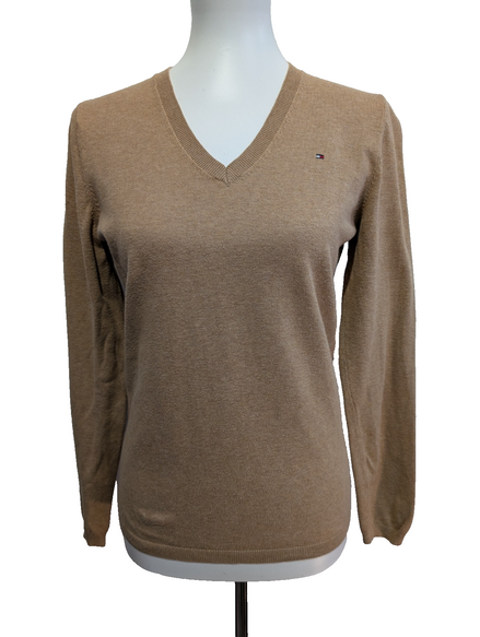 Pull Fin Tommy Hilfiger Heritage Femme Col V Marron Clair Taille M Coton Pima
