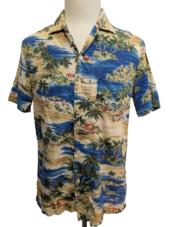 Chemise Hawaïenne J.Crew Coton Bleu Motif Plage & Palmiers - Taille S
