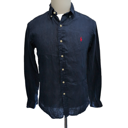 Chemise Ralph Lauren S Custom Fit 100% lin bleu marine logo rouge QR Code