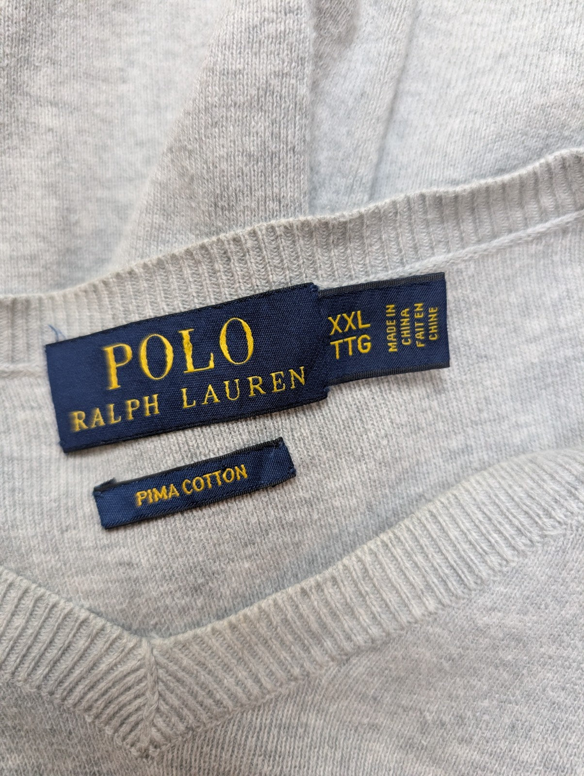 Pull POLO RALPH LAUREN Homme XXL (TTG) Gris Col V Logo Marine Cotton