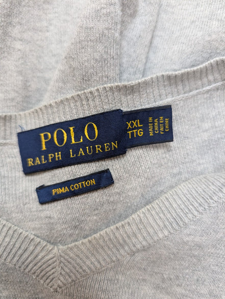 Pull POLO RALPH LAUREN Homme XXL (TTG) Gris Col V Logo Marine Cotton