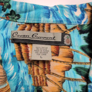 Chemise hawaïenne Ocean Current L bleue verte palmiers 100% rayonne
