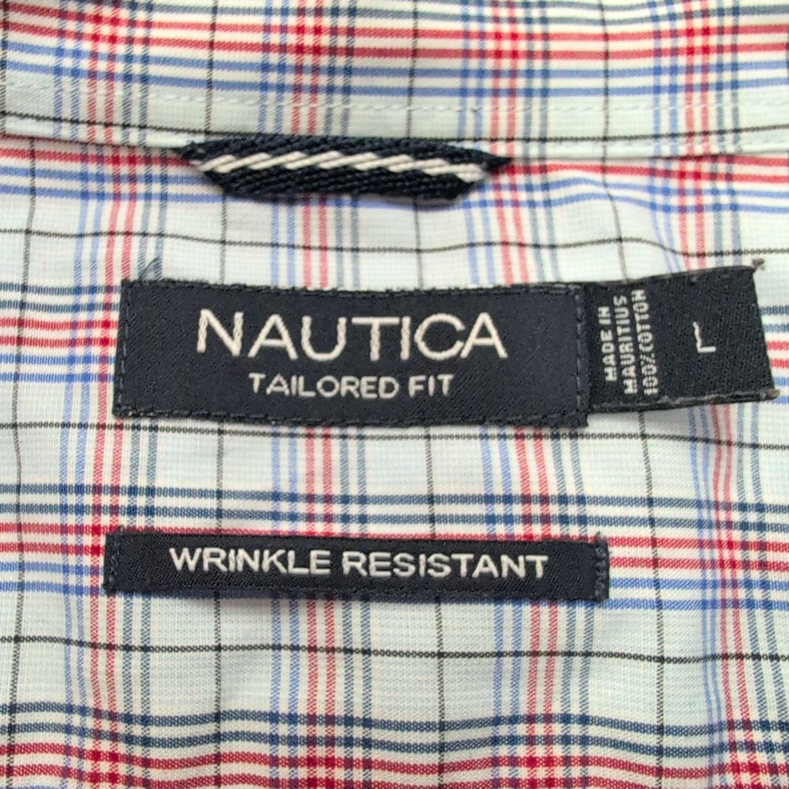 Chemise Nautica L Carreaux Bleu Rouge Logo Brodé Made in Mauritius Coton