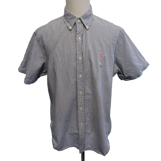 Chemise Ralph Lauren XL Manches Courtes Bleue Rayures Logo Rose Coton