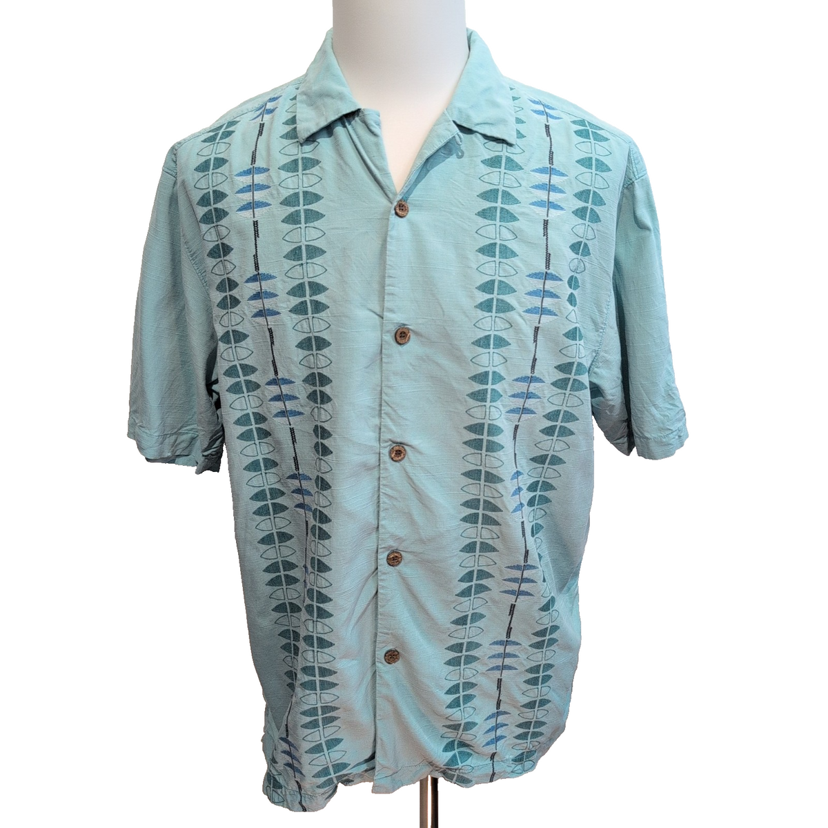 Chemise Hawaïenne Tommy Bahama LG 90% Soie Vert Pâle Boutons Bois