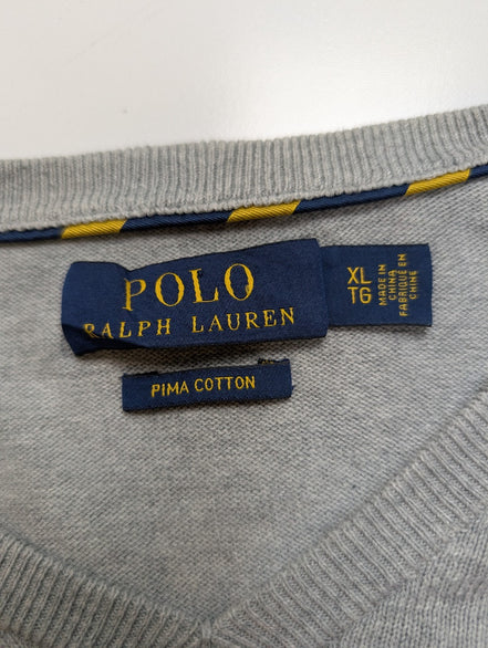 Pull Polo Ralph Lauren Col V Gris Clair Logo Bleu Marine - 100% Coton Pima XL