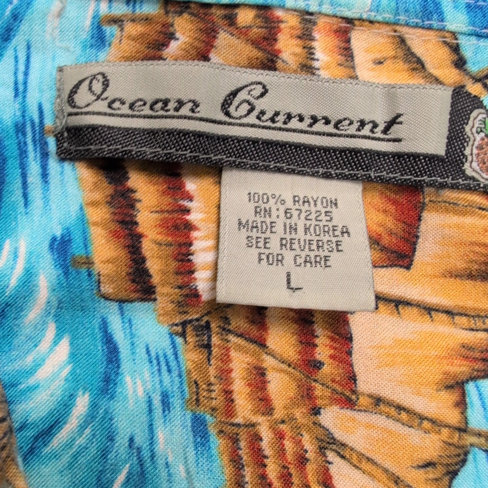Chemise hawaïenne Ocean Current L bleue verte palmiers 100% rayonne