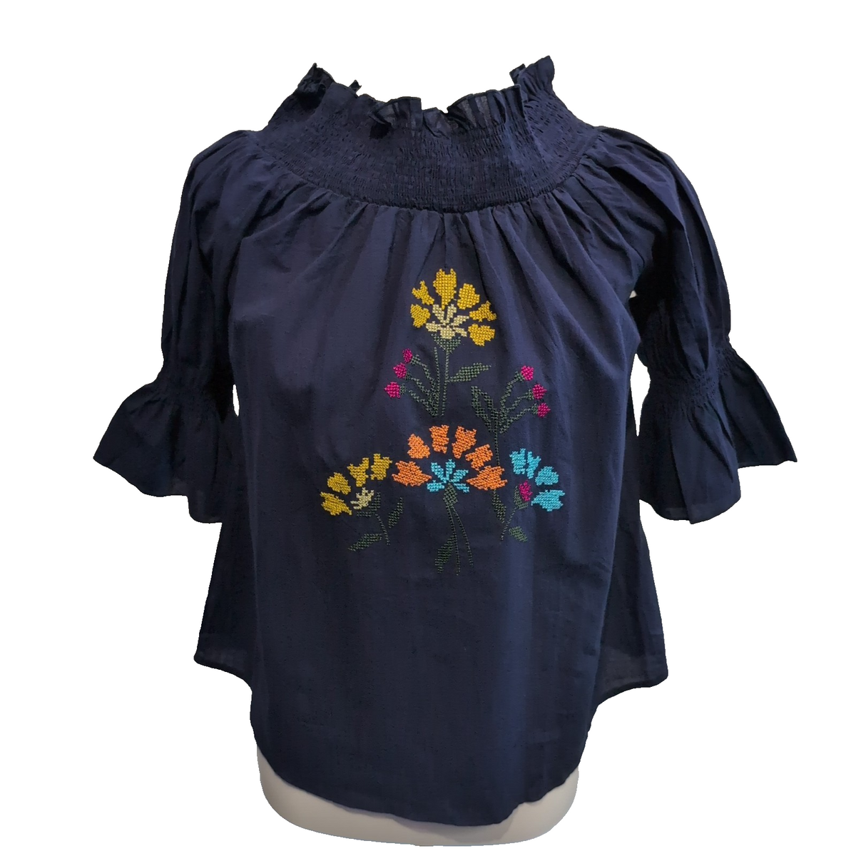 Blouse SOPHYLINE Paris Femme S Bleu Marine Broderie Florale Coton Neuve