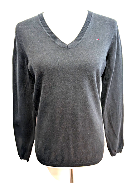 Pull Fin Tommy Hilfiger Heritage Femme Col V Noir Coton Pima Taille M
