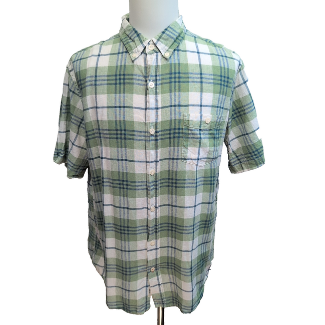 Chemise Weatherproof Vintage XL Lin Coton Vert Bleu Carreaux Manches Courtes