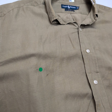Chemise Ralph Lauren Blake XL Soie Lin Kaki Logo Bleu Marine mancheslongues