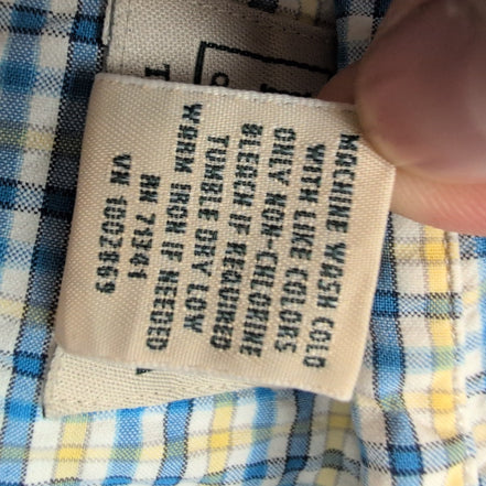 Chemise L.L.Bean M bleu jaune gaufrée manches courtes coton rare