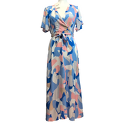 Robe Only XS Longue Bleue Motif Abstrait Ceinture Neuve Étiquette
