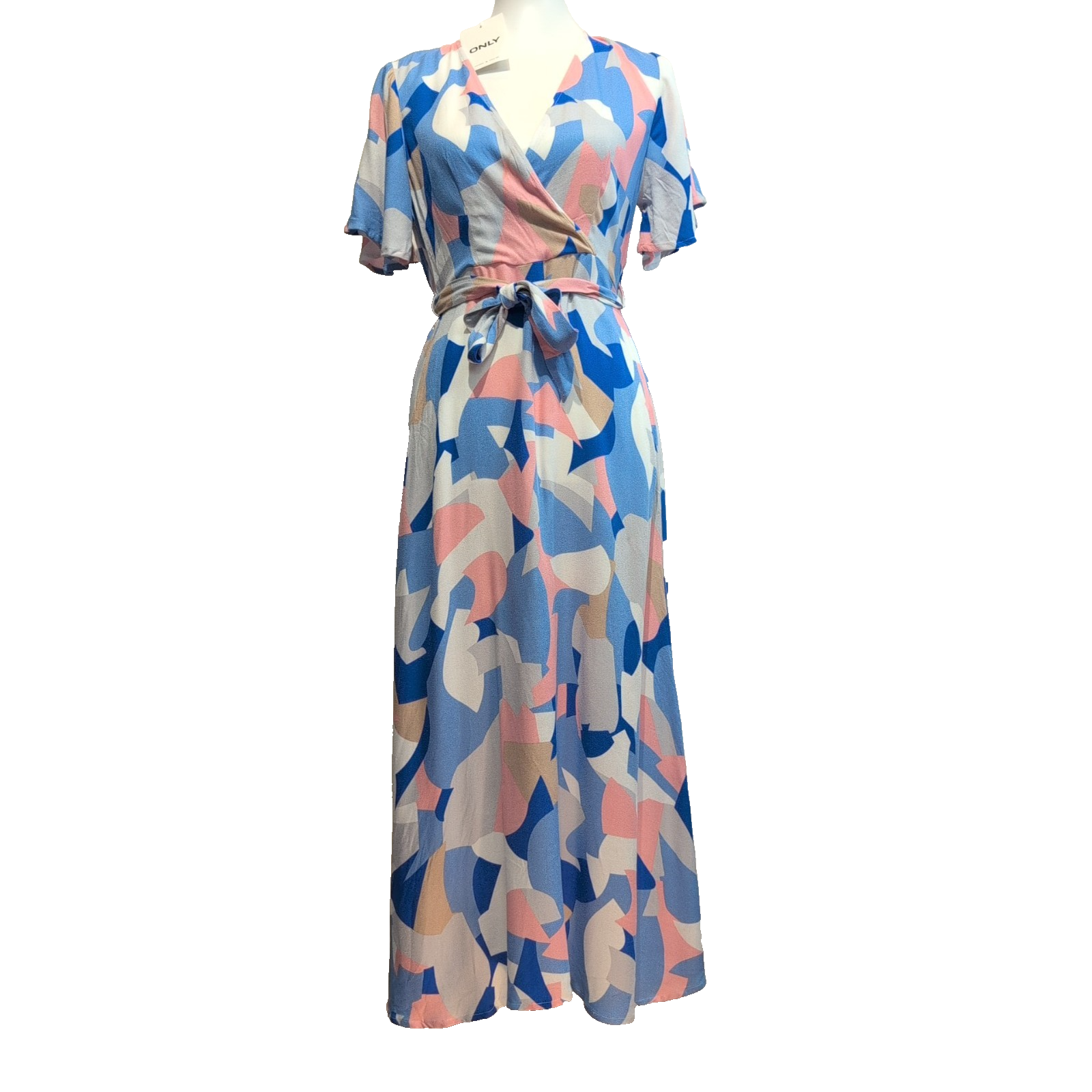 Robe Only XS Longue Bleue Motif Abstrait Ceinture Neuve Étiquette