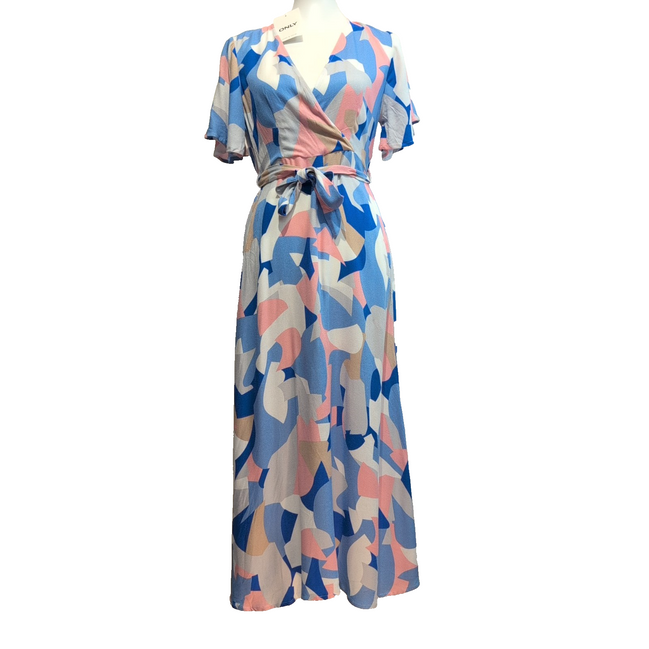 Robe Only XS Longue Bleue Motif Abstrait Ceinture Neuve Étiquette