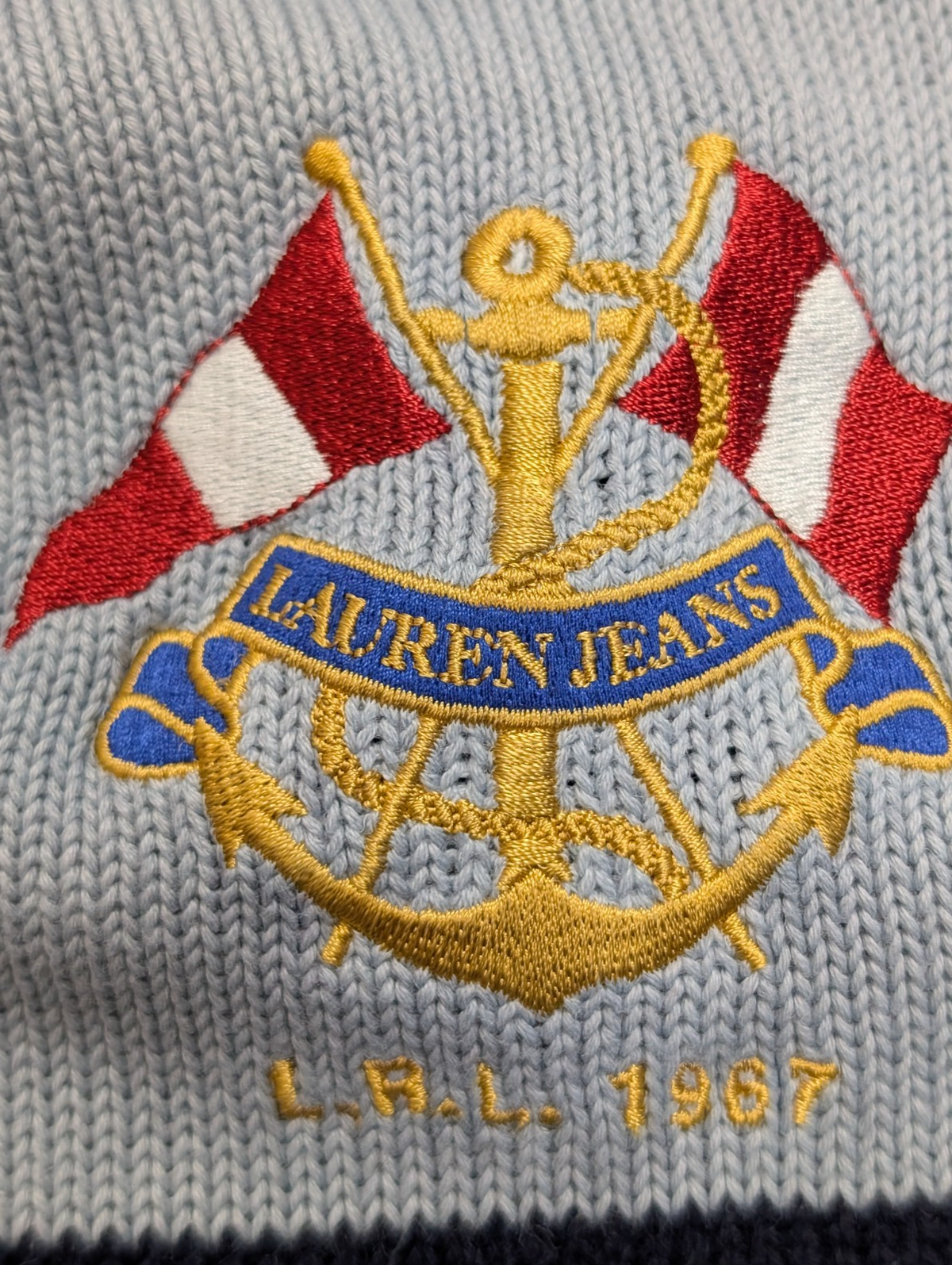 Pull LAUREN Ralph Lauren femme XL coton bleu marine rayures écusson brodé