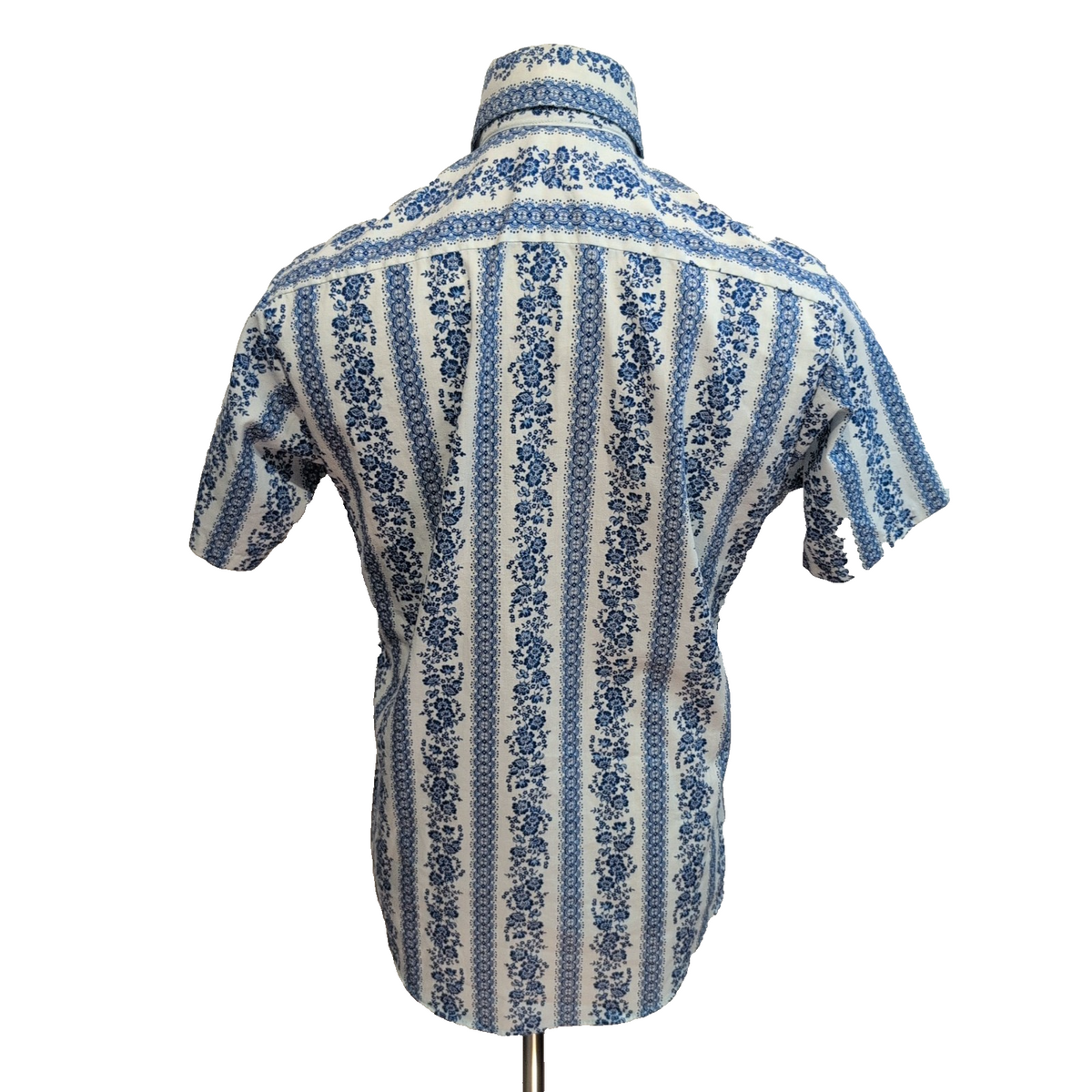 Chemise Hawaïenne Sears S 14.5 Bleu Rayures Fleurs Coton Manches Courtes