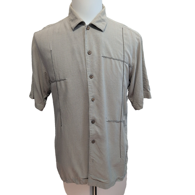 Chemise hawaïenne IZOD M crème motif géométrique 100% soie manches courtes