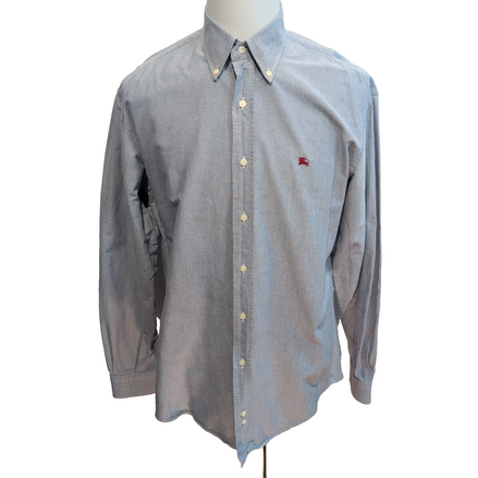 Chemise BURBERRY L Bleu Oxford Logo Rouge 100% Coton Manches Longues