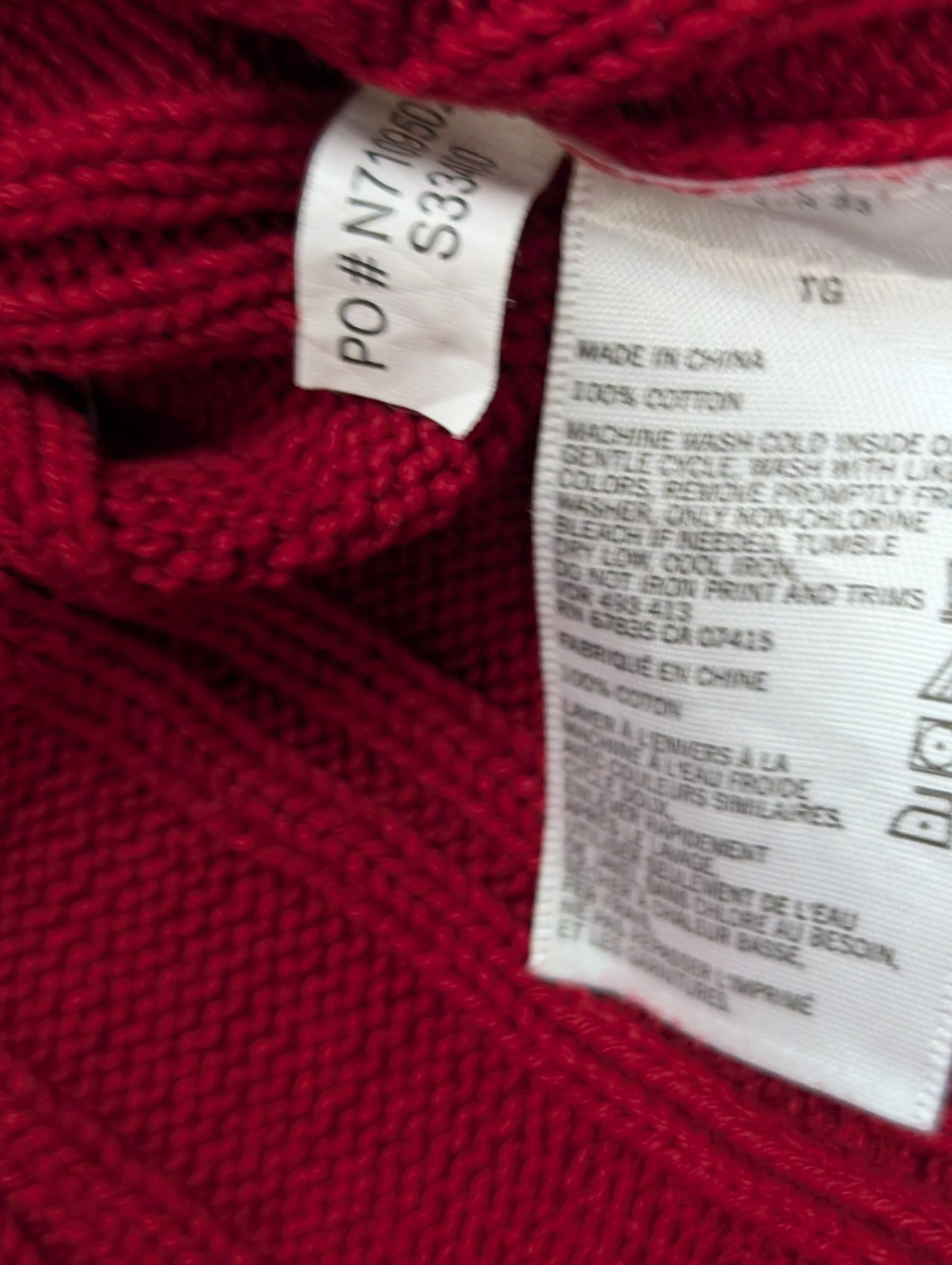 Pull Nautica Torsadé Rouge Foncé Col Rond 100% Coton Unisexe Taille XL