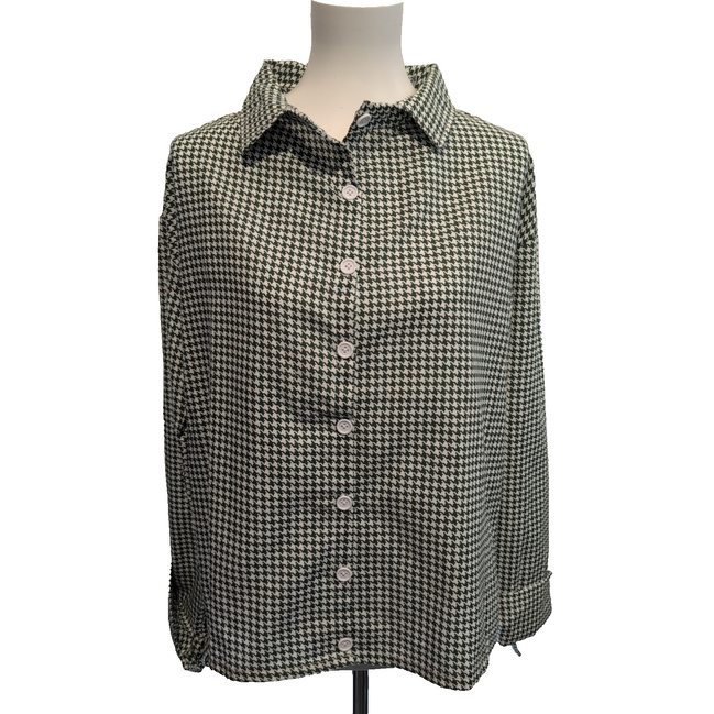 Chemise Femme La Mode de Mélina L Vert Blanc Pied-de-Poule Coton Fait Main
