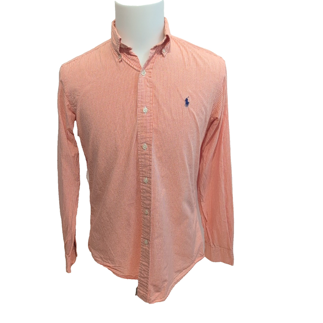 Chemise Ralph Lauren Custom Fit S micro carreaux orange logo bleu manches longue