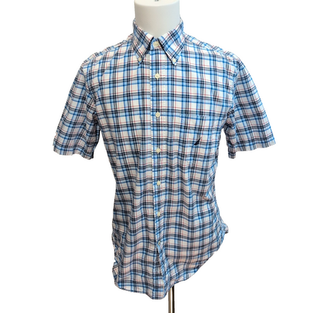 Chemise Nautica M Bleu Blanc Rouge Carreaux 100% Coton Manches Courtes