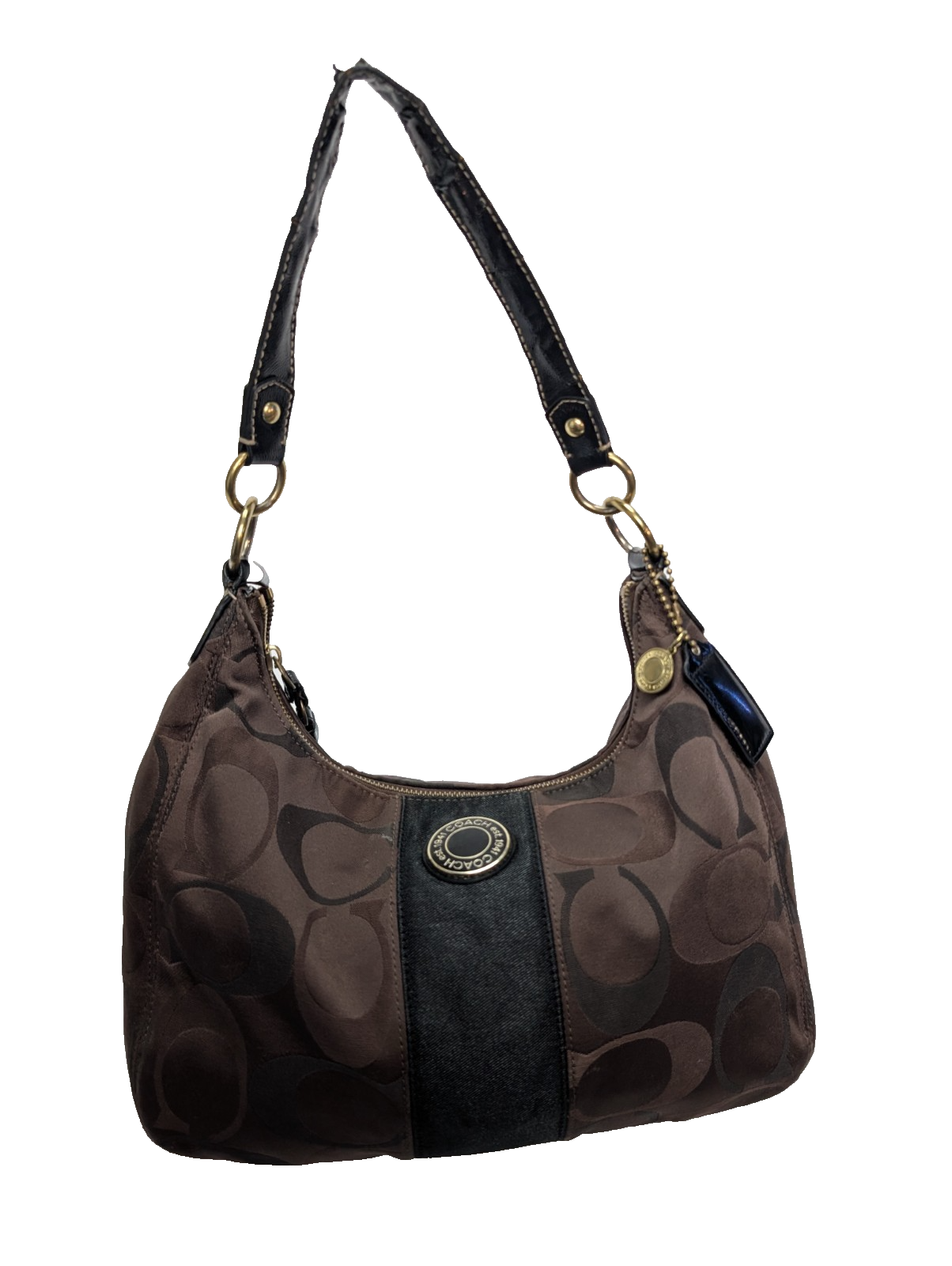 Sac Coach Signature Bandoulière Toile Marron Cuir Noir