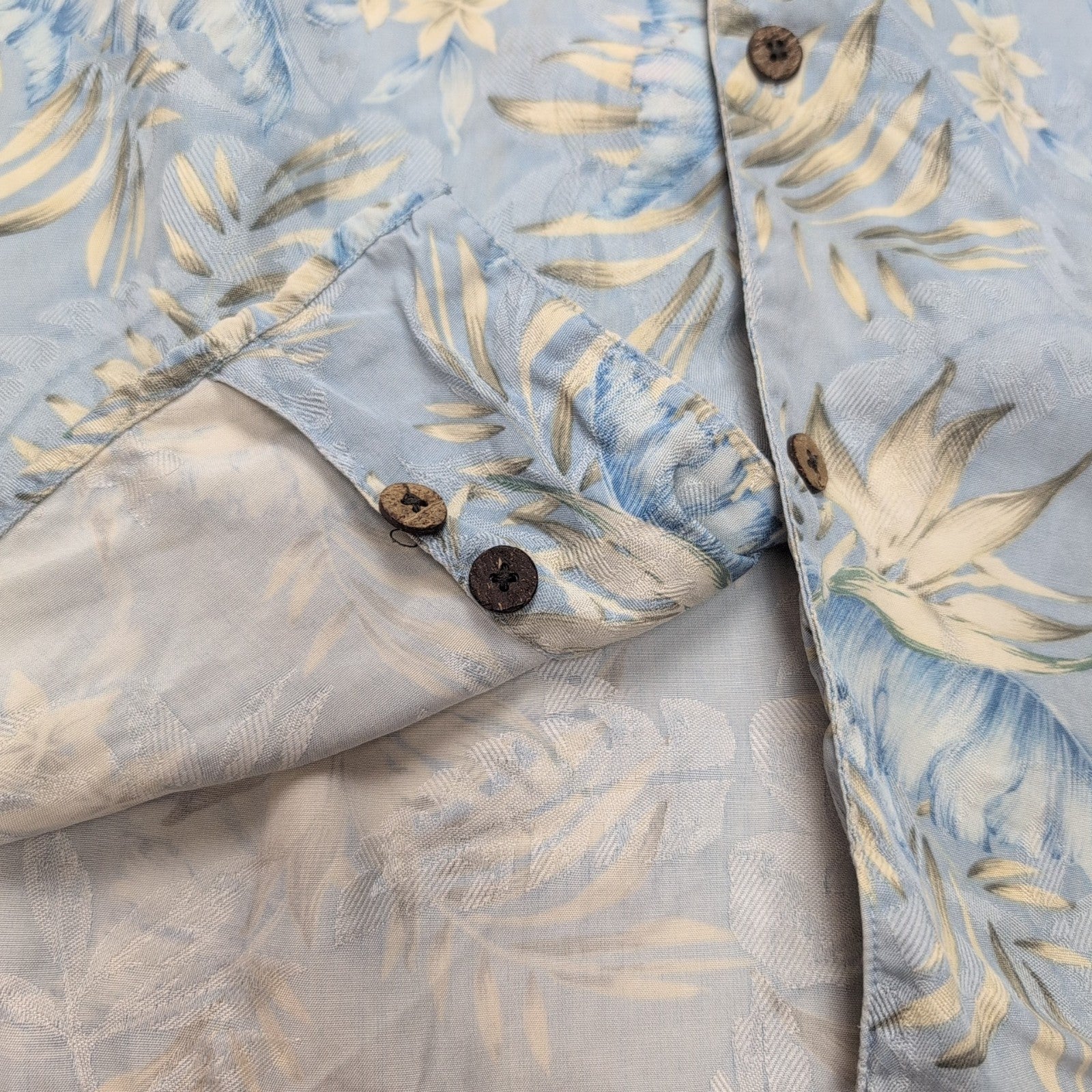 Chemise Hawaïenne JoS.A.Bank XL 100% Soie Bleue Feuillage Manches Courtes