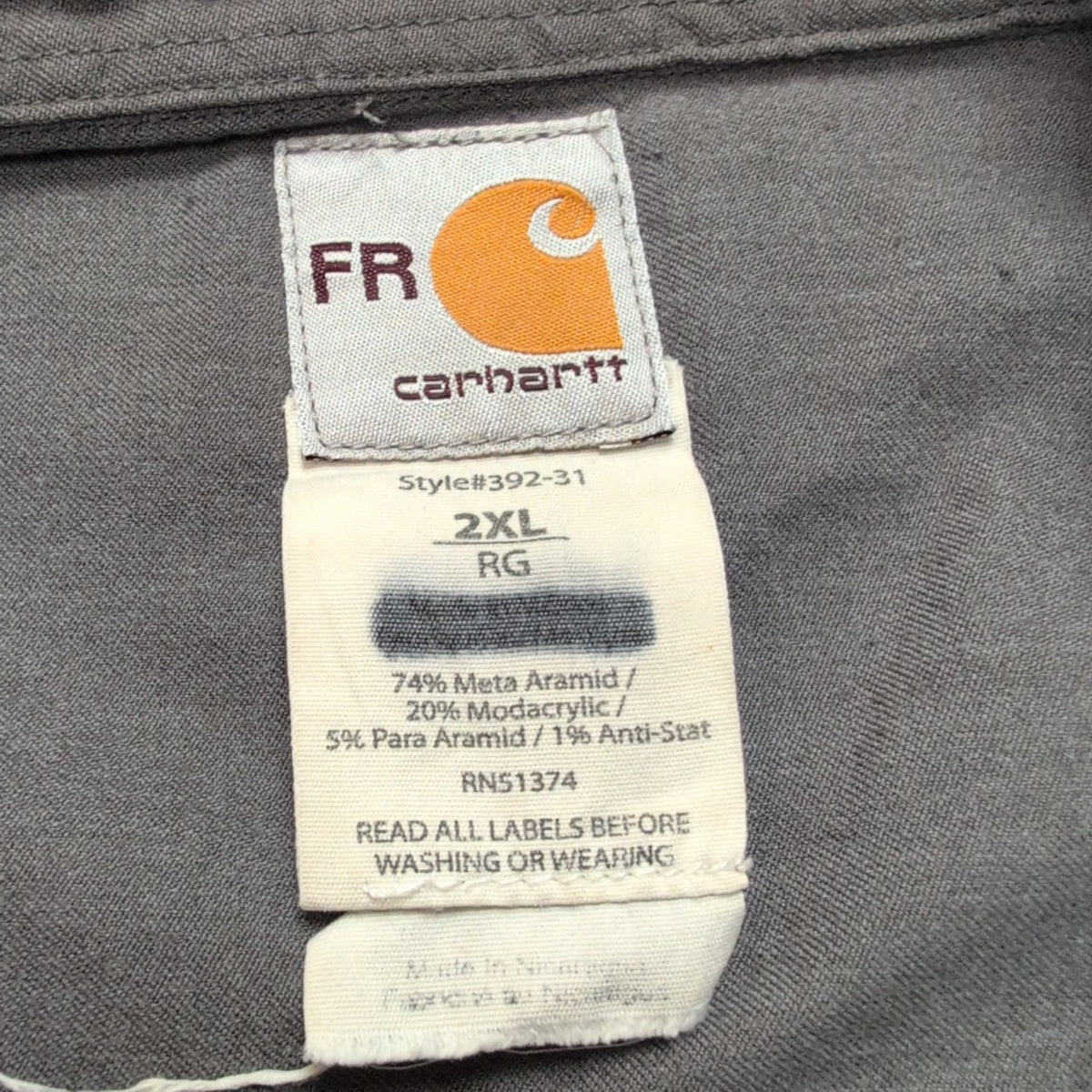 Chemise Carhartt 2XL FR NFPA 2112 Kaki Aramid Workwear CAT manches longues