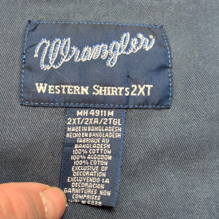 Chemise Western Wrangler Vintage 2XL XT Bleu Aztèque USA Cowboy