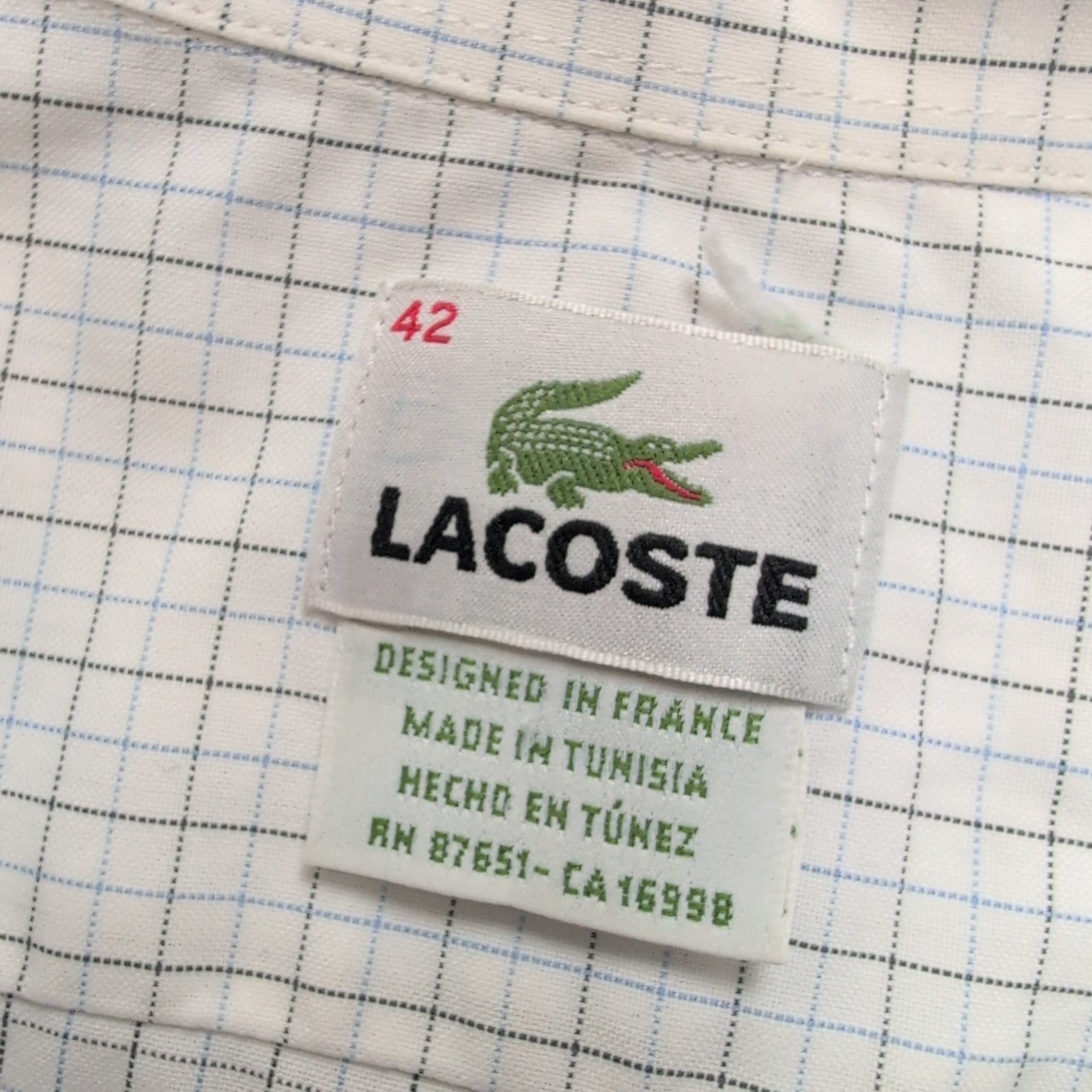 Chemise Lacoste M 40 Blanche Carreaux Bleus Vintage Logo Brodé Coton