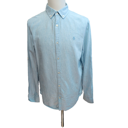 Chemise Penguin L Bleu Clair Uni Lin Coton Manches Retractables